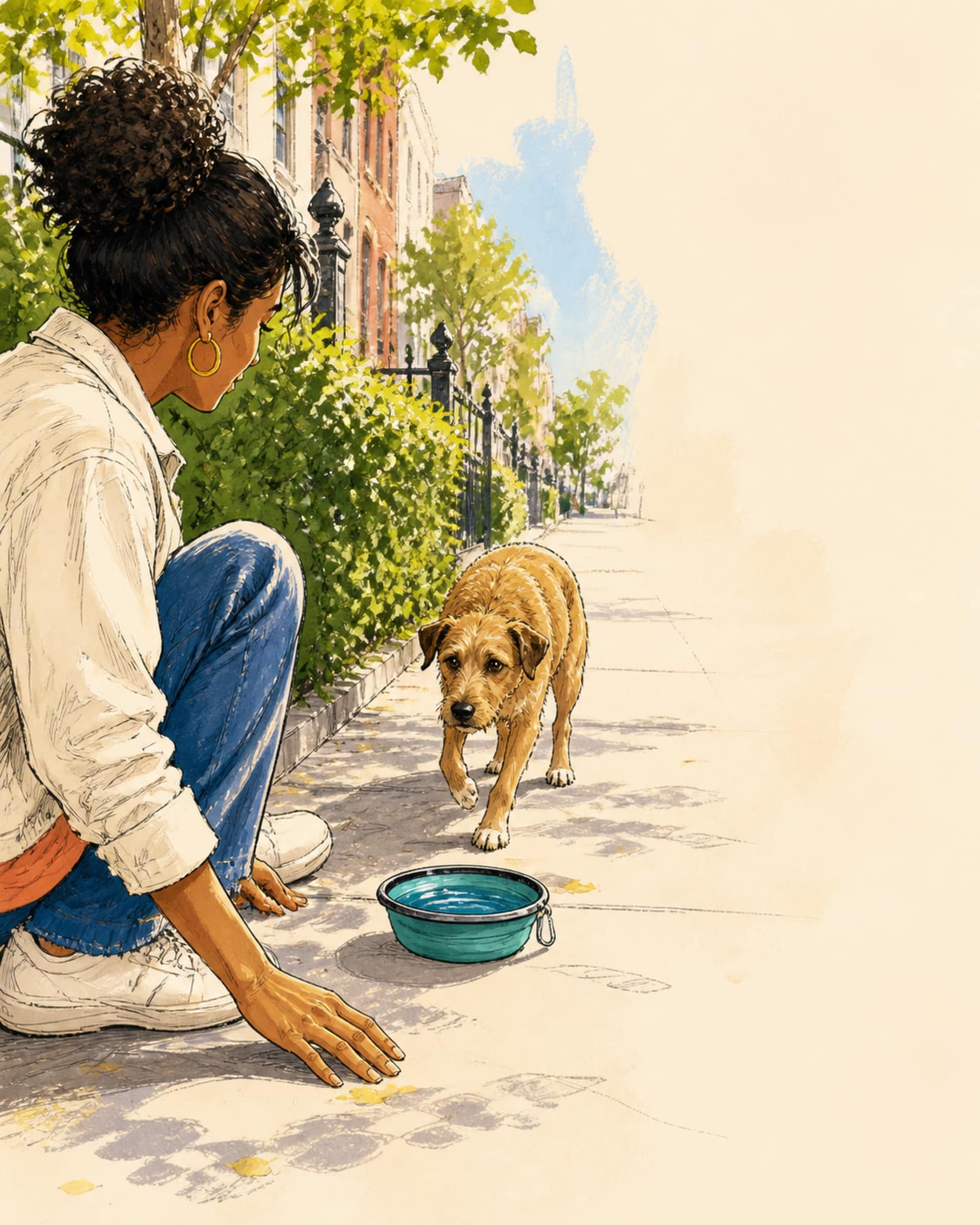 Illustration of a woman crouched sideways on a sidewalk with one hand low and open as a wary dog approaches a water bowl