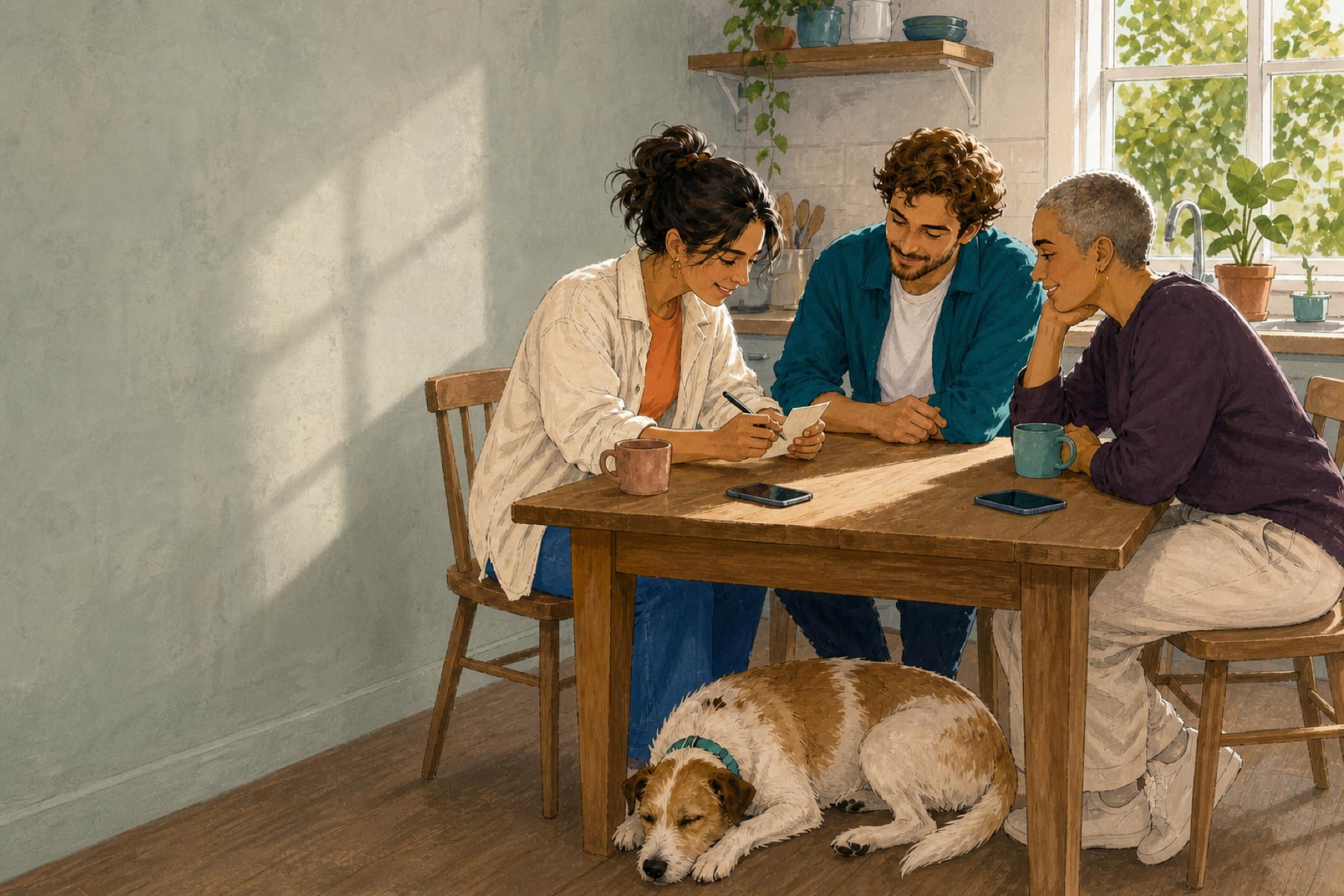 Illustration of three adults at a kitchen table writing a phone number on a card while a dog sleeps underneath