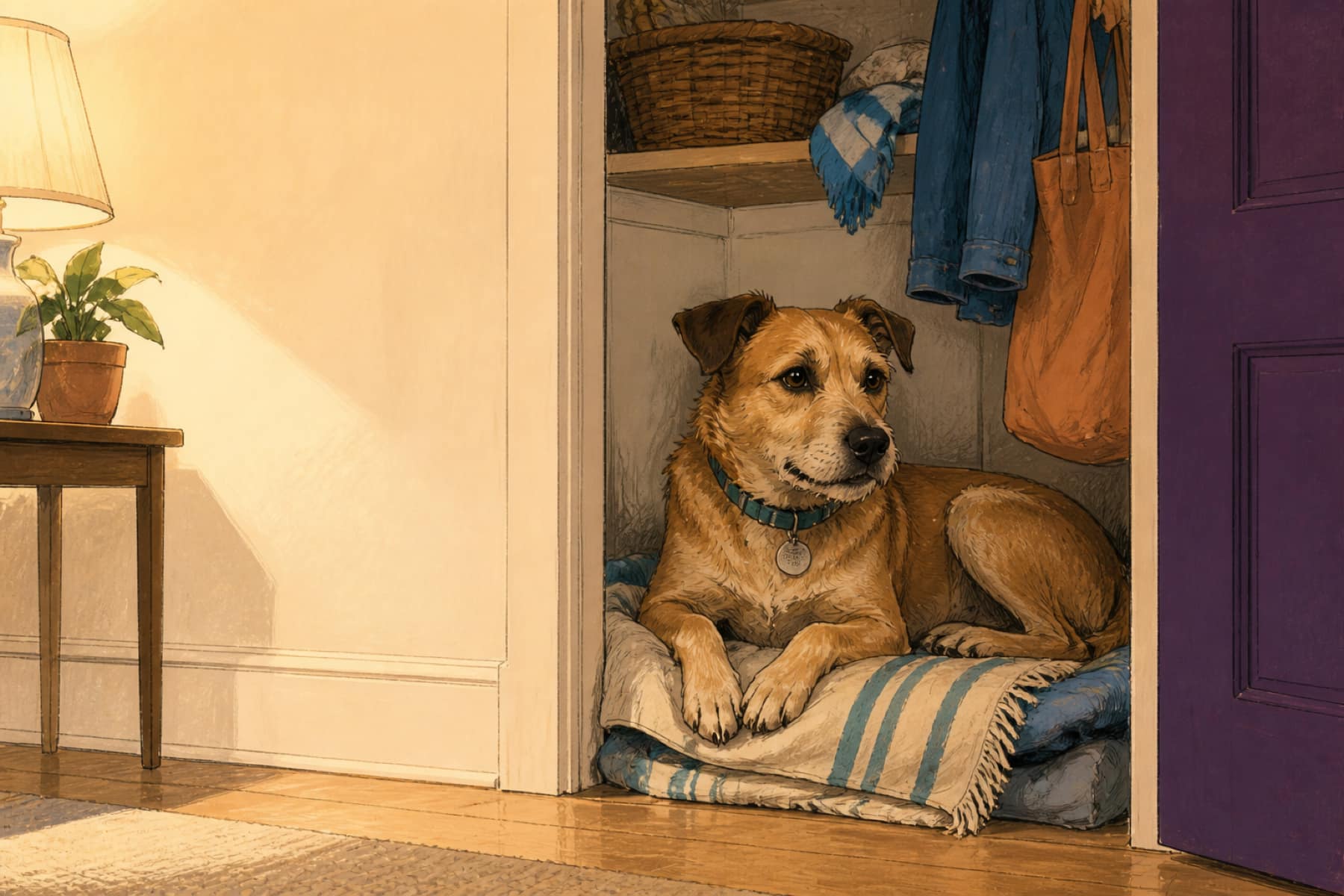 Illustration of a dog settled on folded blankets inside a closet, a warm lamp glowing nearby