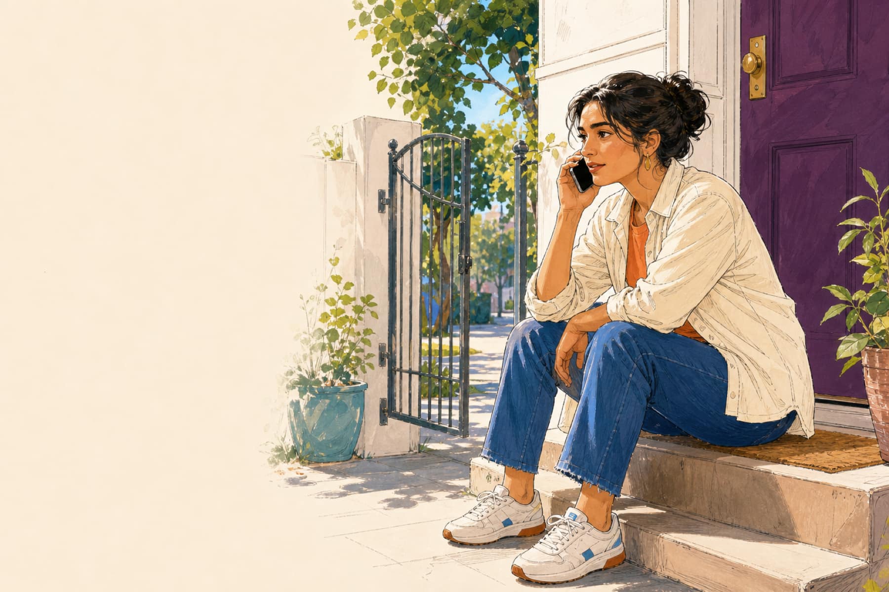 Illustration of a woman sitting on her front step talking on the phone, the garden gate open behind her