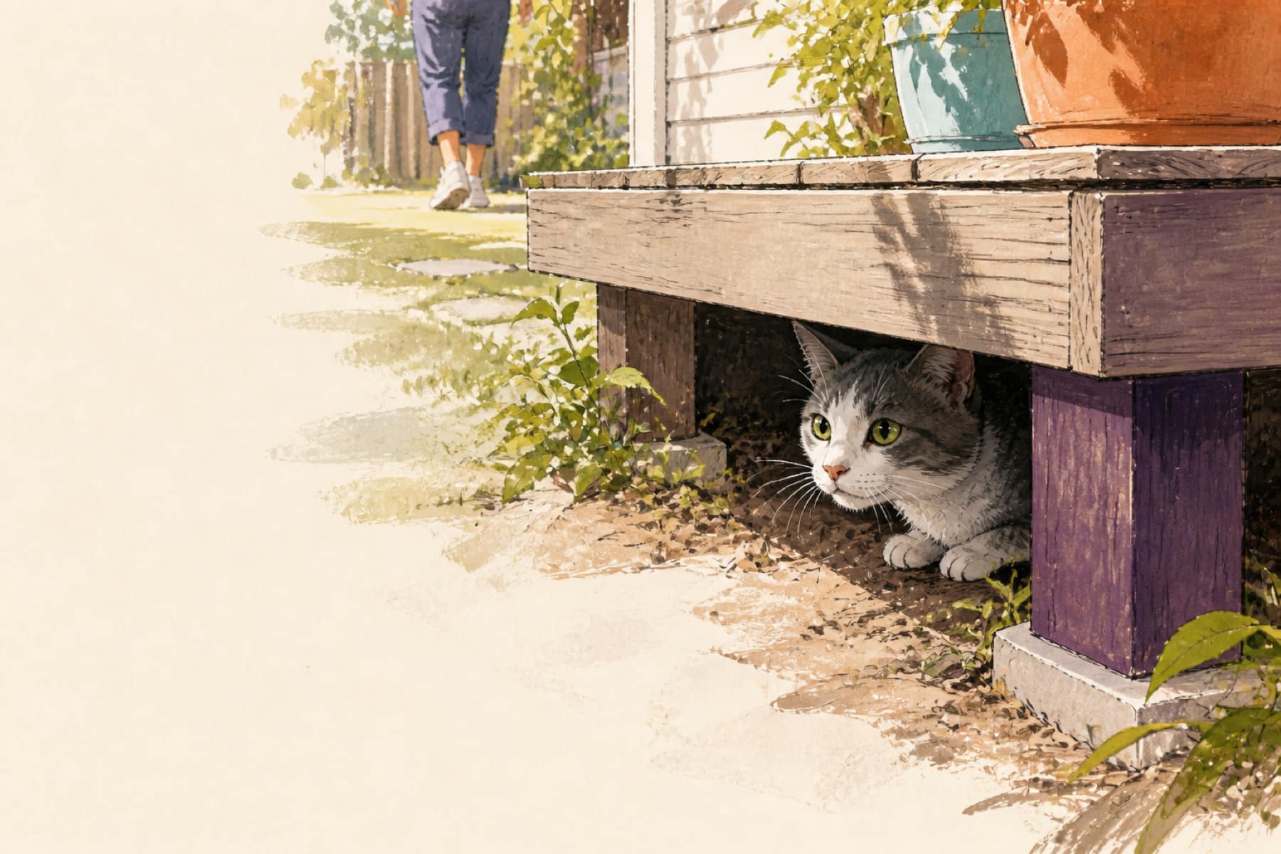 Illustration of a grey cat peering out from under a wooden deck while someone searches the yard behind