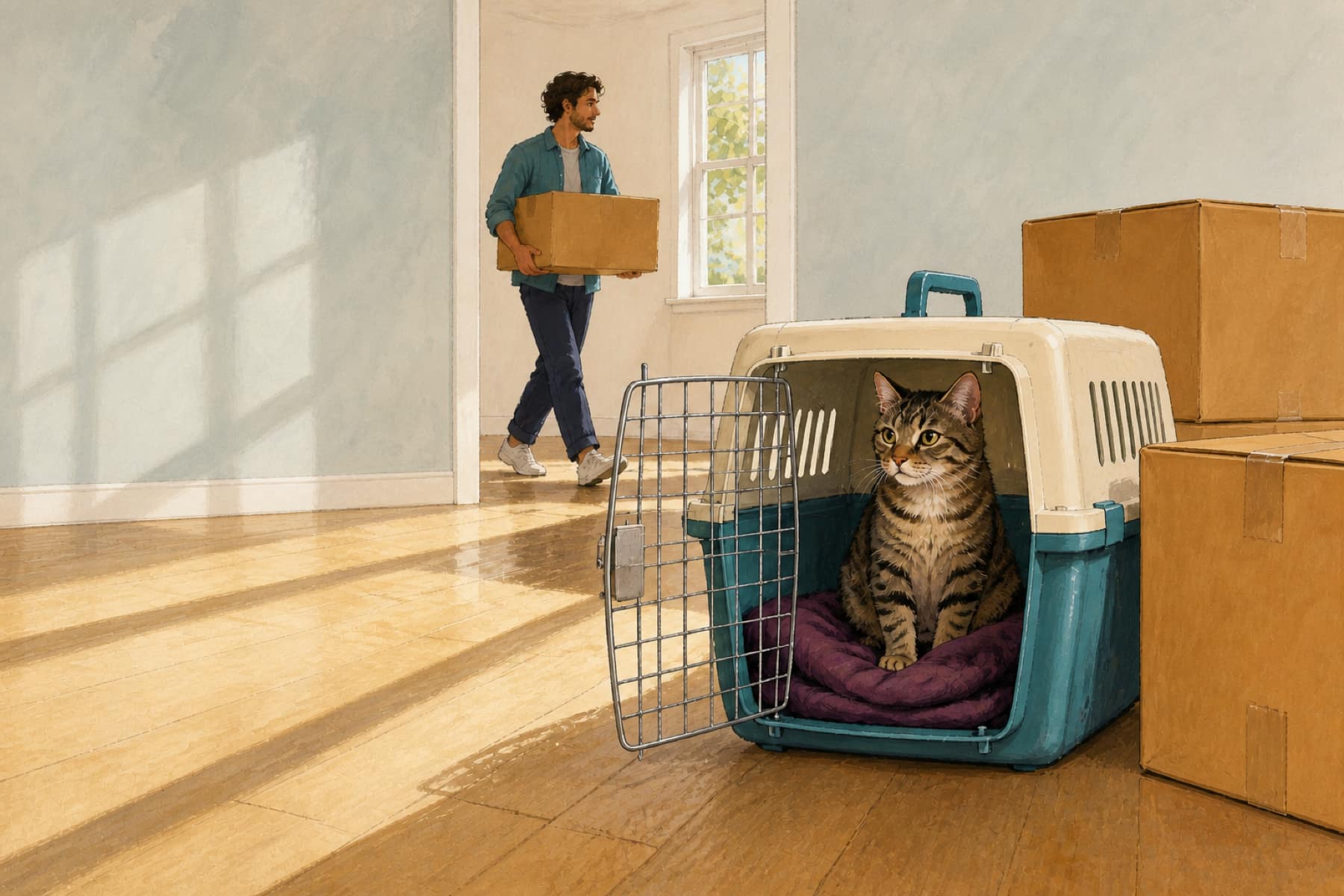 Illustration of a tabby cat sitting in an open carrier in an emptied room while someone carries a box past