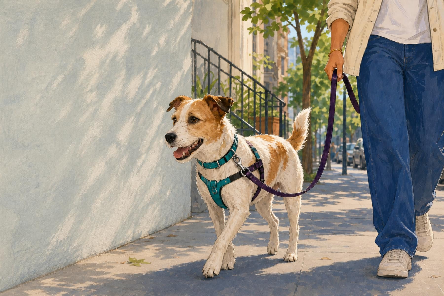 Illustration of a terrier in a harness walking on a leash beside a person on a quiet sidewalk