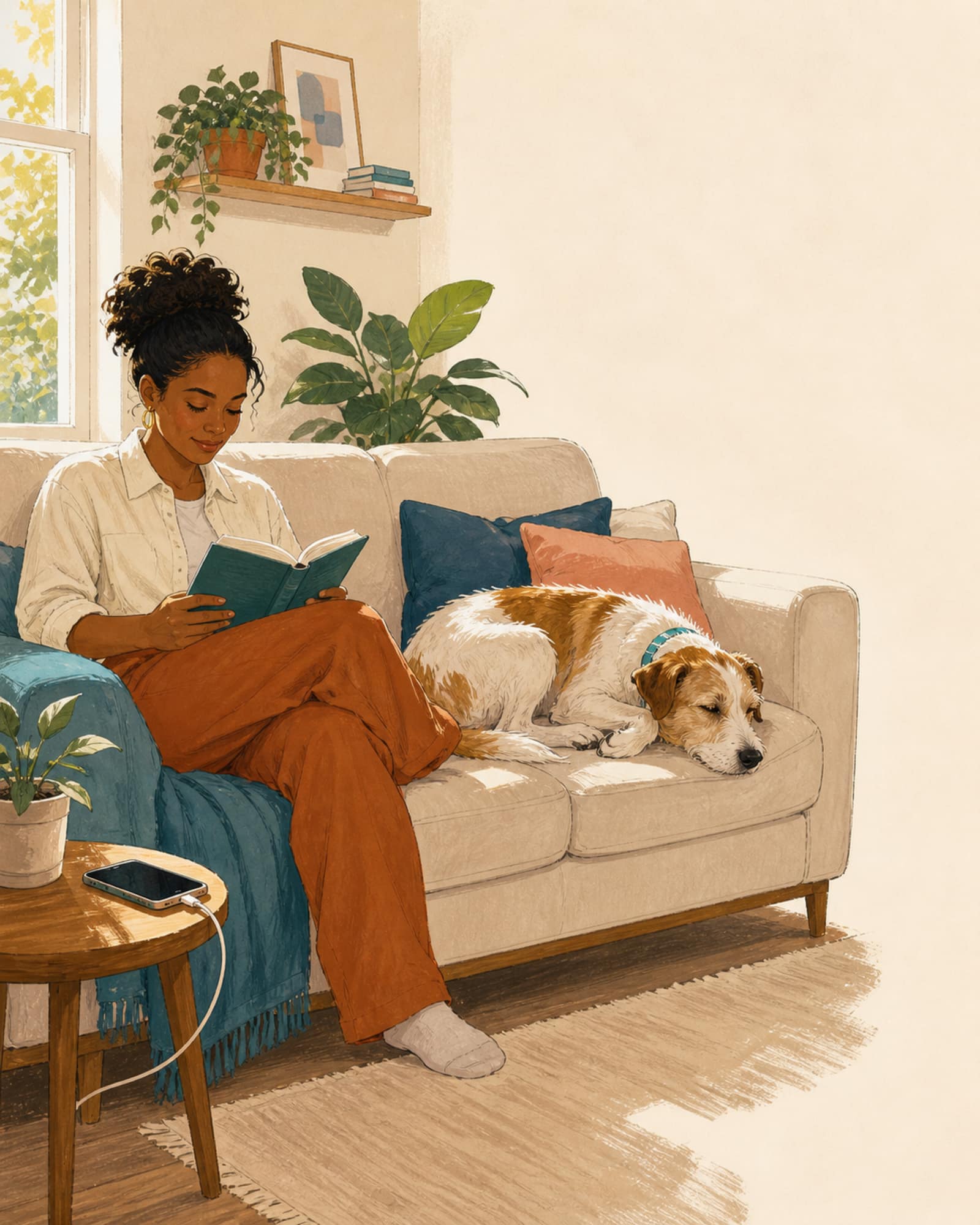 Illustration of a woman reading on a sofa with her dog asleep beside her and a phone charging within reach