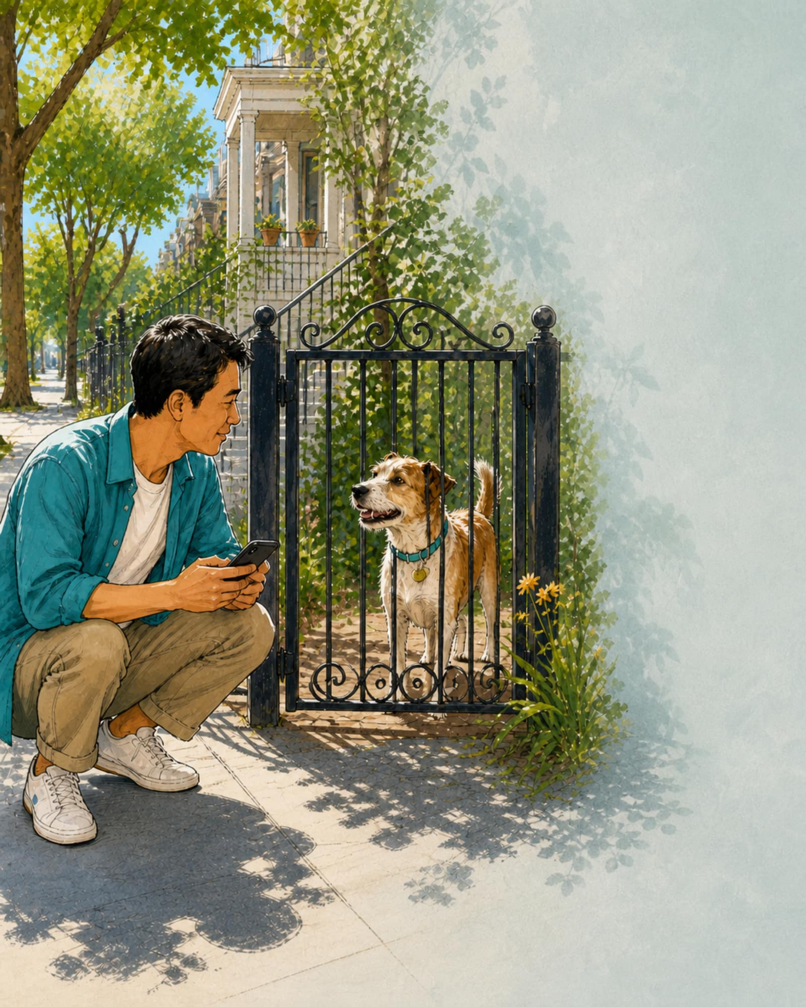 Illustration of a neighbor crouched at a garden gate with his phone while a small terrier looks up at him from the yard